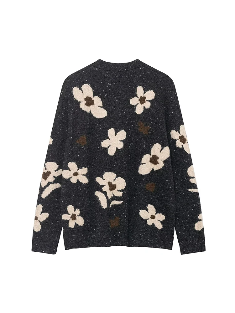 Women's Vintage Flower Cardigan Autumn Winter Fashion Loose Fit V-neck Long Sleeve Sweater Lady Casual Single Breasted Knitwear