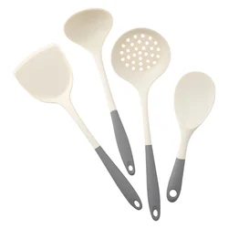 Premium 4-Piece Silicone Utensil Set: Non-Stick Spatula, Soup Ladle & Slotted Spoon Cooking Essentials (4Pcs Grey White)
