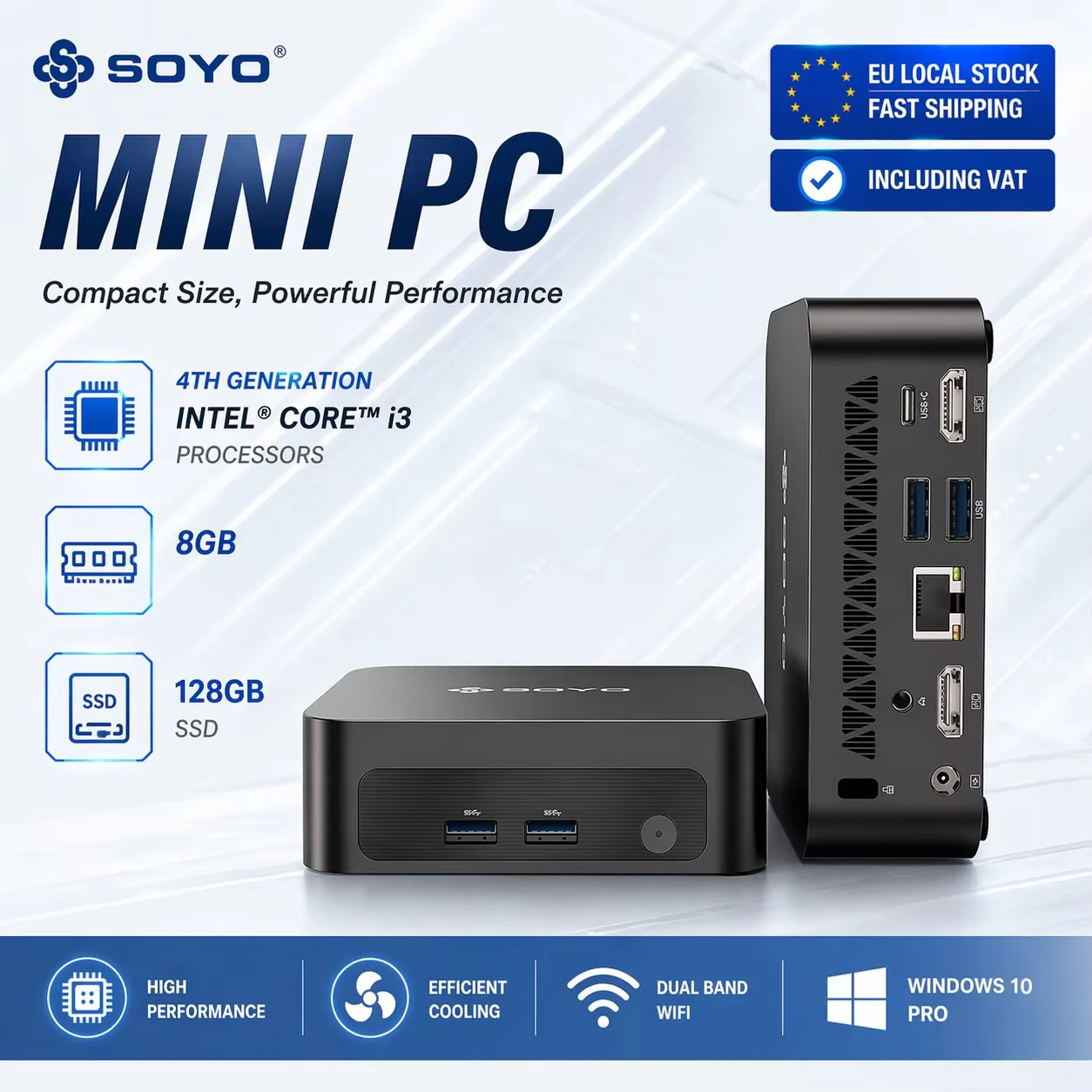 SOYO Y5 Mini PC Intel i3-4030U Processor 8GB RAM 128GB SSD Window 10 PRO Bluetooth WIFI5 Supports 4K Display Mini Computer