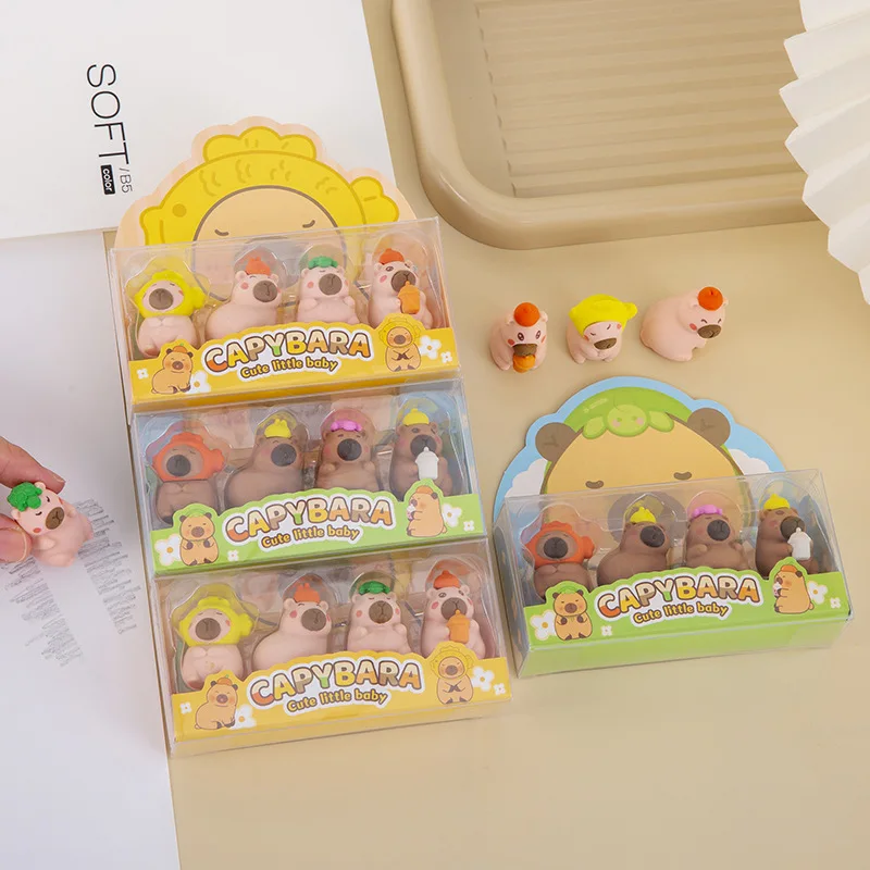 8 Pcs(2 상자) 도매 불교 Capybara 박스형 고무 세트 학생 크리스마스 끝 상품 선물 선물 문구