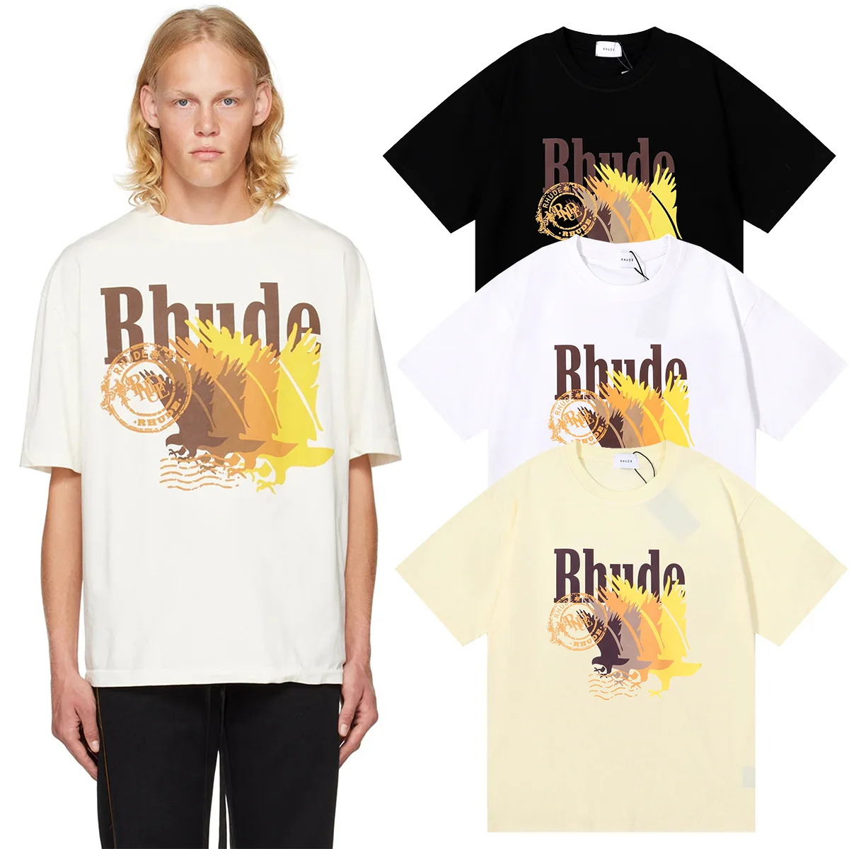 

2024 Rhude High Street New Gradient Color Pattern Printed Double Yarn Pure Cotton Short sleeved Couple T-shirt for Men and Women