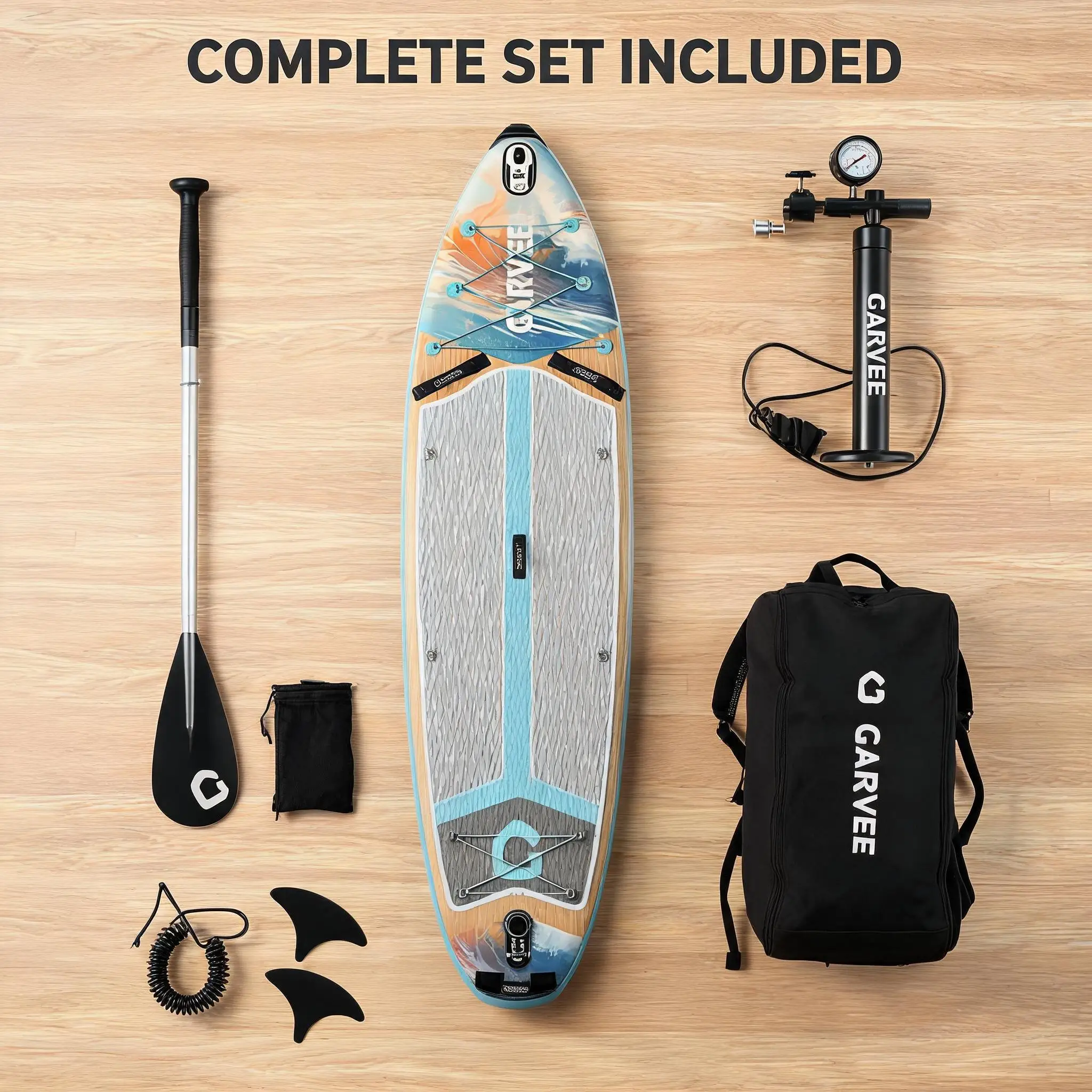 Inflatable Stand Up Paddle Board With Stable Non-Slip EVA Deck Gradient Light Wood Grain Design Tri-Fin System High Weight Capacity And Complete Kit Including Paddle Backpack Pump For Family Water Sports