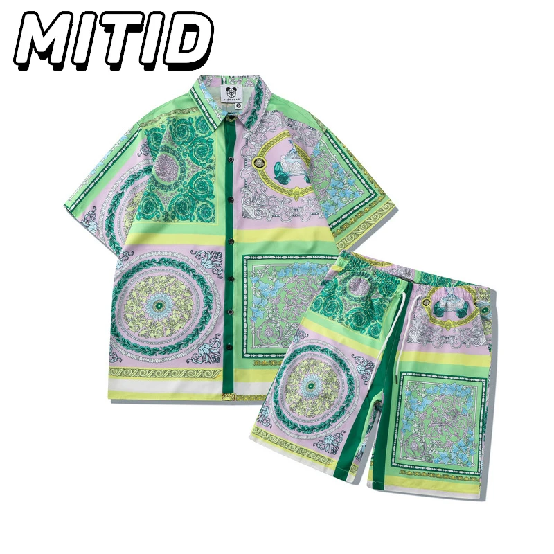 

Комплект из двух предметов мужской, рубашка с коротким рукавом и цифровой печатью, стильная пляжная одежда для отдыха, модный короткий комплект, лето