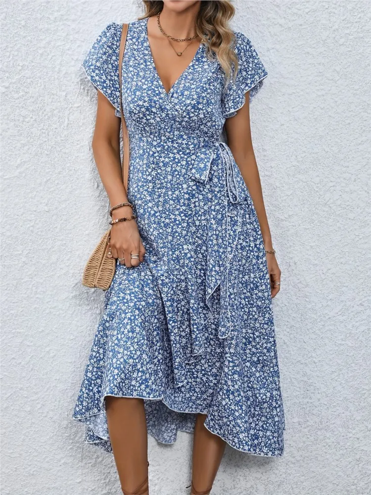Casual Short Summer Dresses Summer Women's Flower Flowy Split Midi Dress  Fashion V Neck Short Sleeve