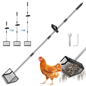 Chicken Poop Scooper Metal Efficient Sifting Shovel with Adjustable Long Handle Cat Litter Scooper Poultry Waste Cleaning Tool
