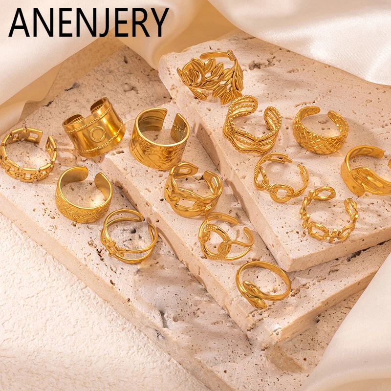 ANENJERY 316L Stainless Steel Wide Leaf Circular Hollow Open Ring for Women Men Simple Creative Jewelry Gifts