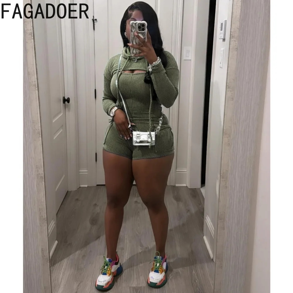 FAGADOER Fashion Solid Ribber Pocket Cargo Rompers Women Hooded Long Sleeve Top And Bodycon Jumpsuits Summer Suspenders Overalls