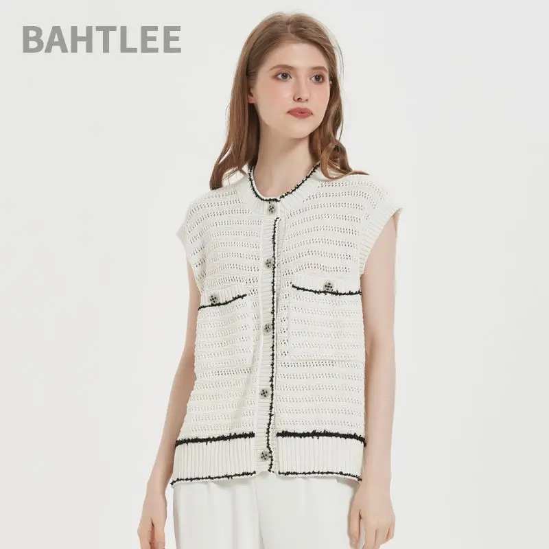 

BAHTLEE-Женский льняной свитер без рукавов, кардиган с круглым вырезом, однобортный свитер, карман с разрезом на пуговицах, вязаный полый, летний
