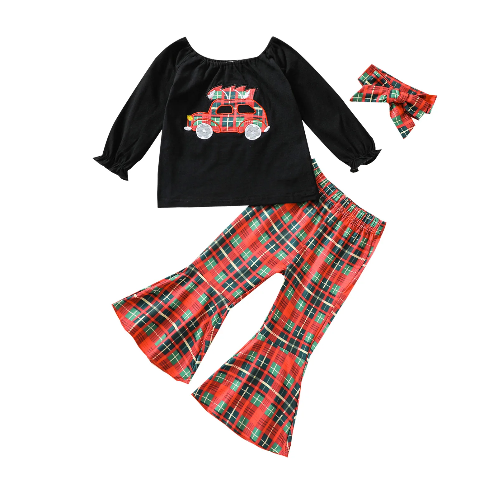 

2ps Baby Girl Clothes Children's Suit Spring Autumn U-neck Car Embroidery + Plaid Bell Pants Two-piece Set for Girls Baby Romper