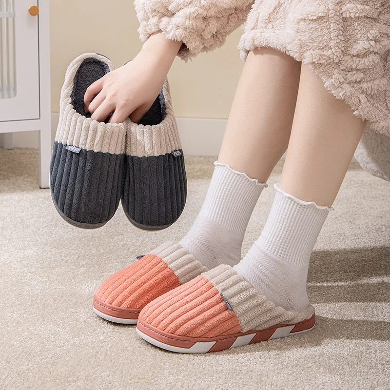 Winter Slippers Stripe Corduroy Warm Cotton Slippers Home Wear-Resistant Non-slip Indoor Slides Couple Women Shoes