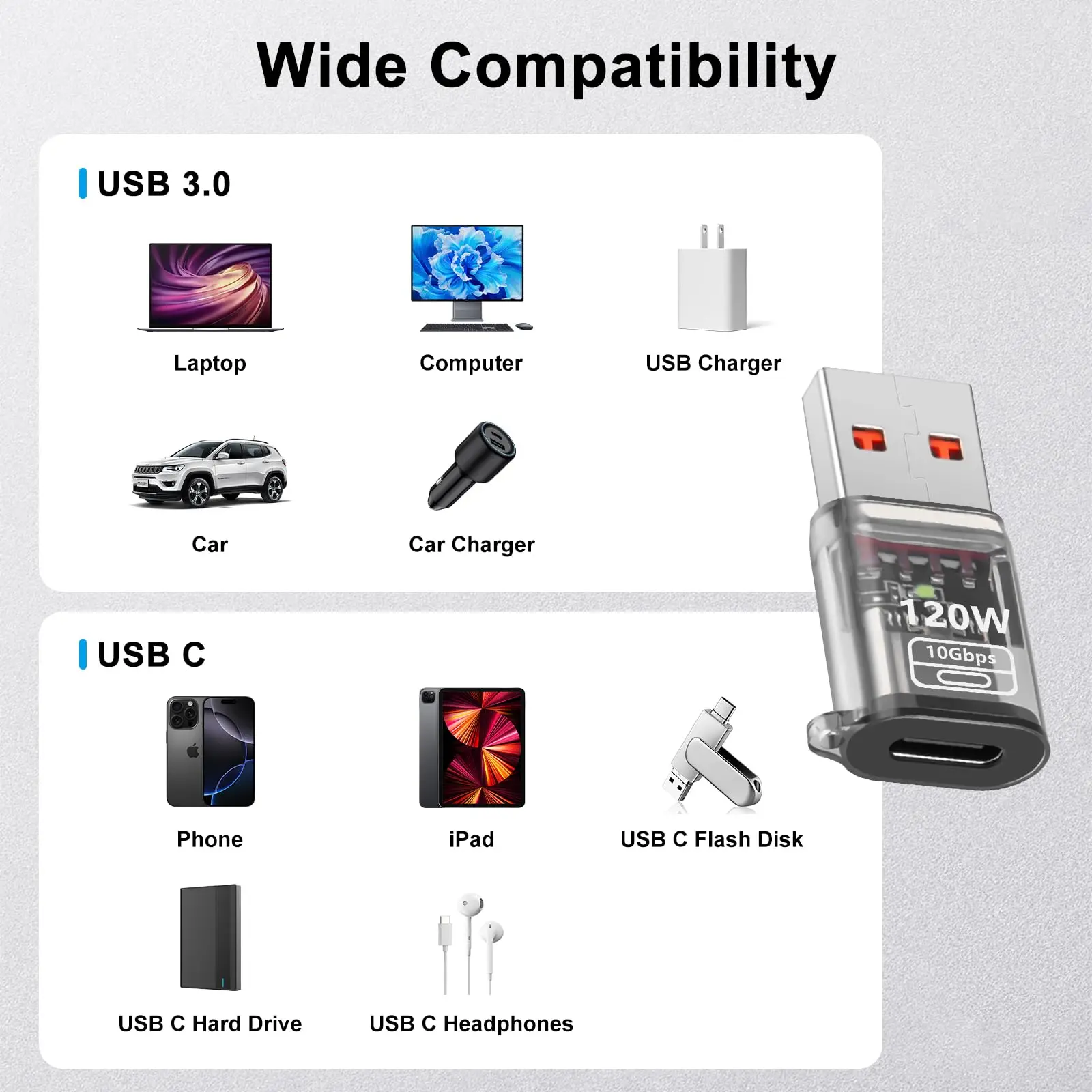 2개입 USB to USB C 어댑터 OTG, 120W 고속 충전 지원, 타입 C(여성) to 타입 A(남성) 투명 어댑터, 노트북, 맥북용