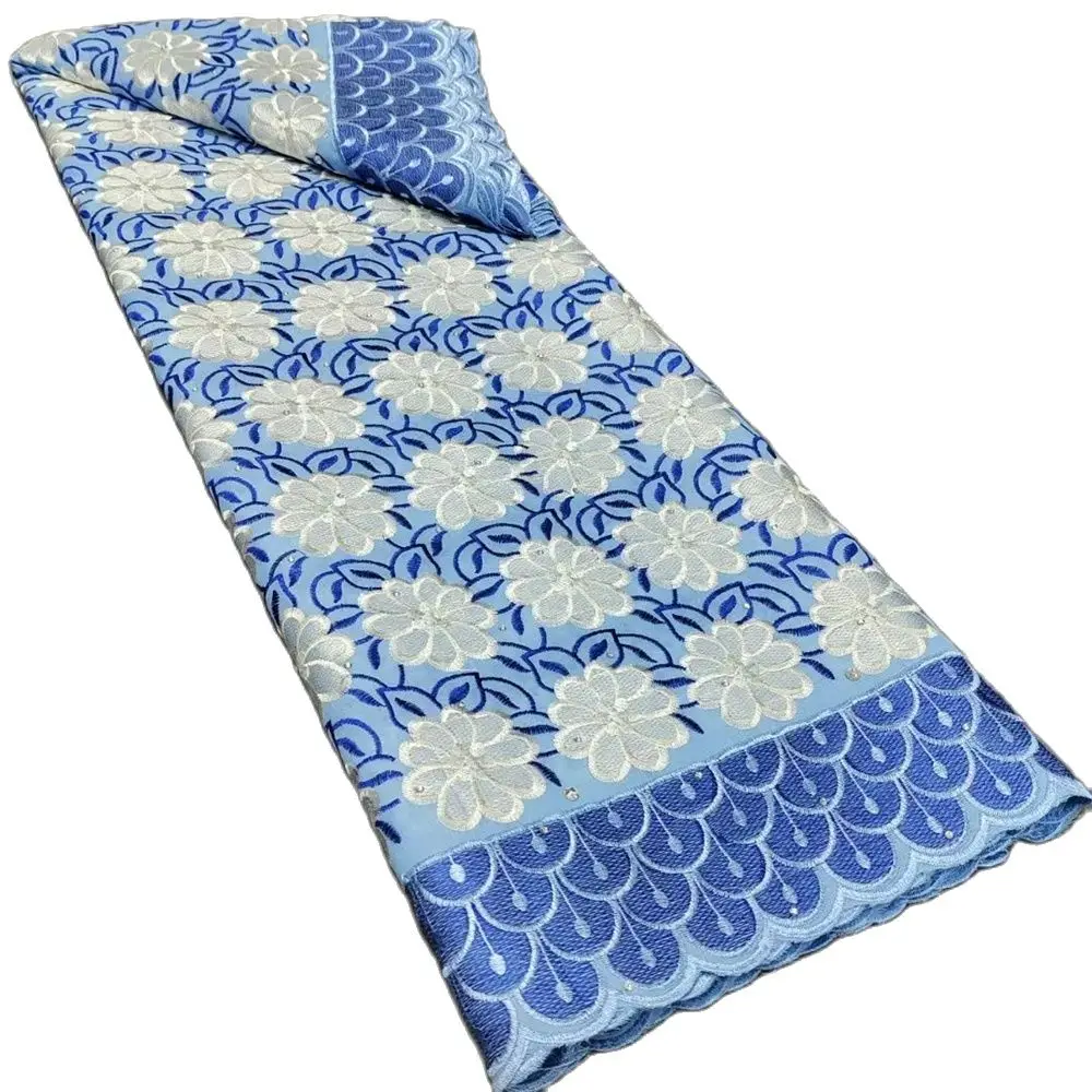 

5 Yards White &Blue African Cotton Lace Fabric Heavy Nigerian Swiss Voile Lace For Party Dress Sewing