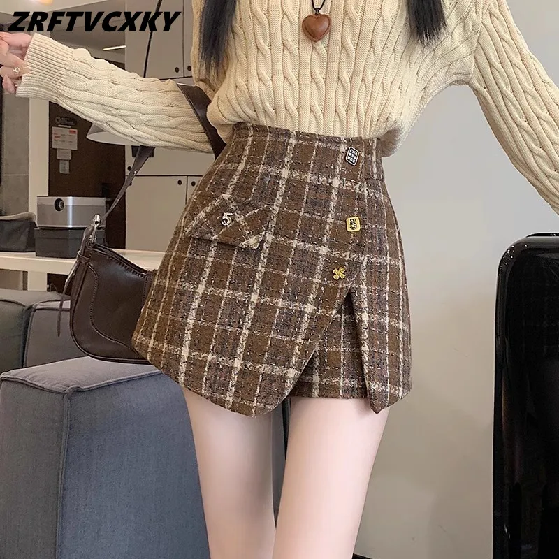 

2024 New Spring High Waist Irregular Tweed Skirt For Women Small Fragrant Fashion A-line Woolen Plaid Short Skirt Shorts