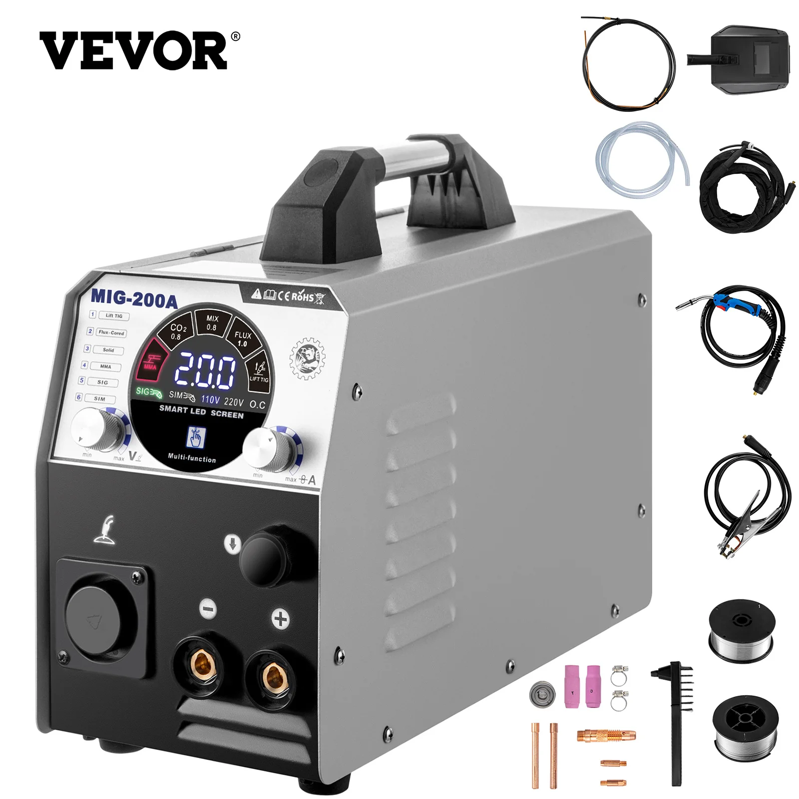 Vevor 200a Mig Welder Flux Core Tig Mma Semiauto Welding Machine Mig