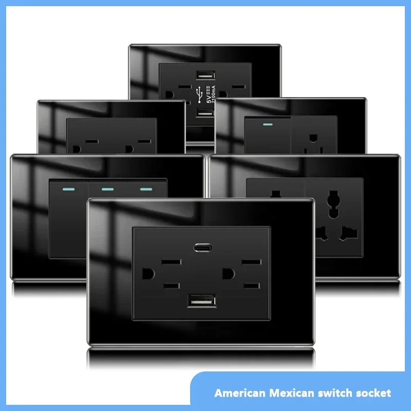 American Black Tempered Glass 15A Light Electrical Switch,US Plug USB
