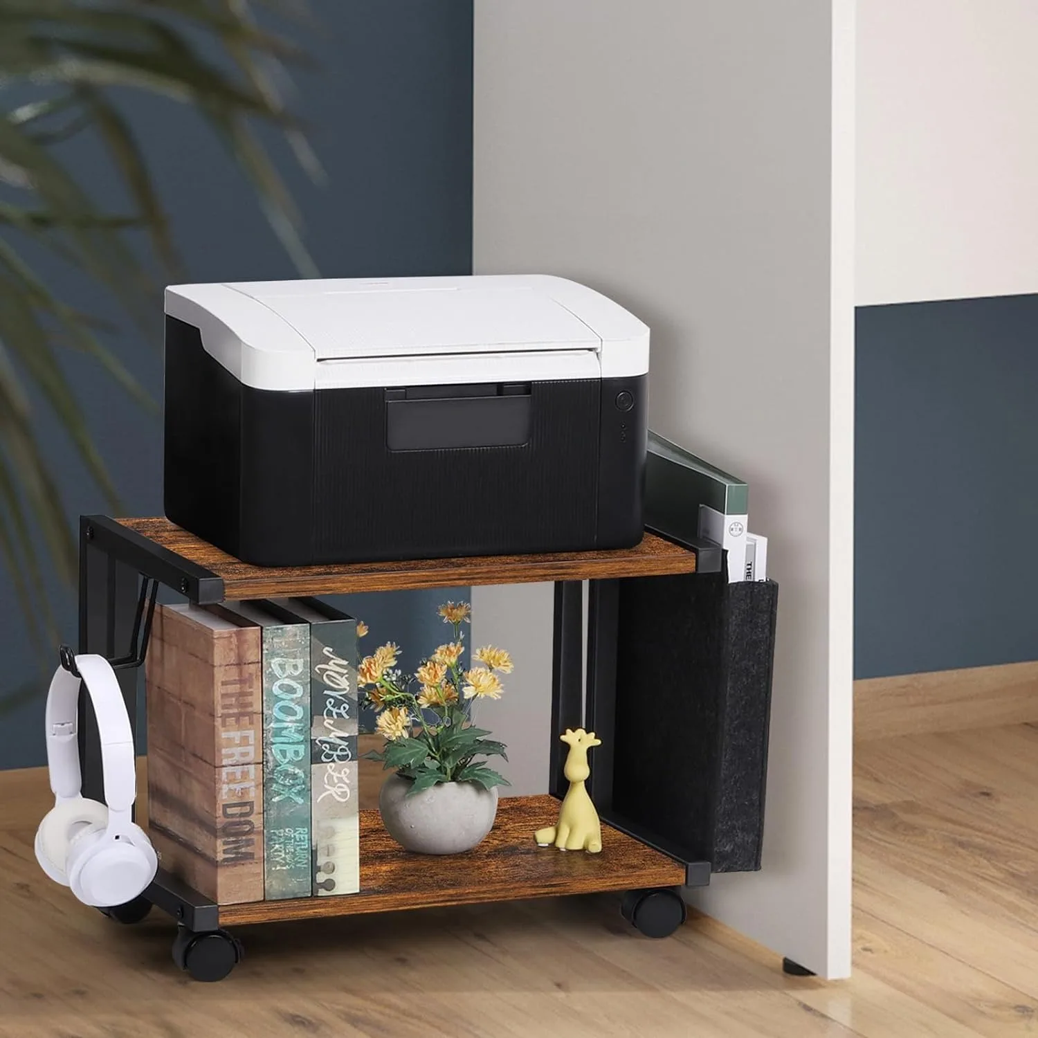 Printer Stand with Storage Bag Under Desk Printer Table on Wheels 2 Tier Small Desktop Rolling Stand Shelf  (Brown) 4