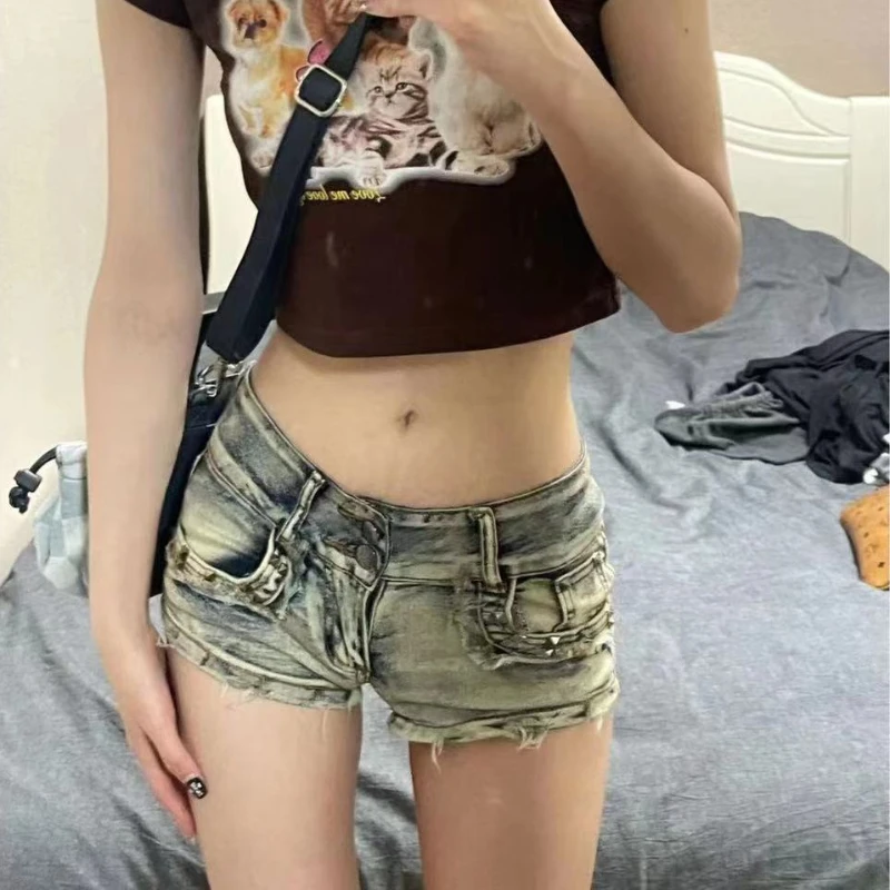 Sexy Low Rise Denim Super Shorts Women's Summer Elastic Slim Skinny Rivet Vintage Blue Short Jeans Y2k Fashion Spicy Girls Pants