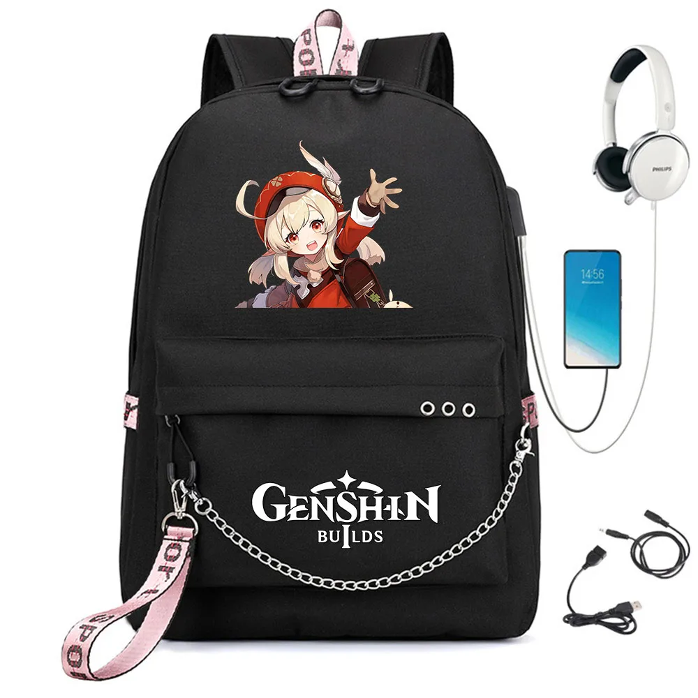 

Ударопрочный рюкзак Game Genshin с USB-зарядкой и наушниками, школьный ранец на молнии для подростков и студентов, дорожная сумка для ноутбука, нейлоновый Унисекс Рюкзак