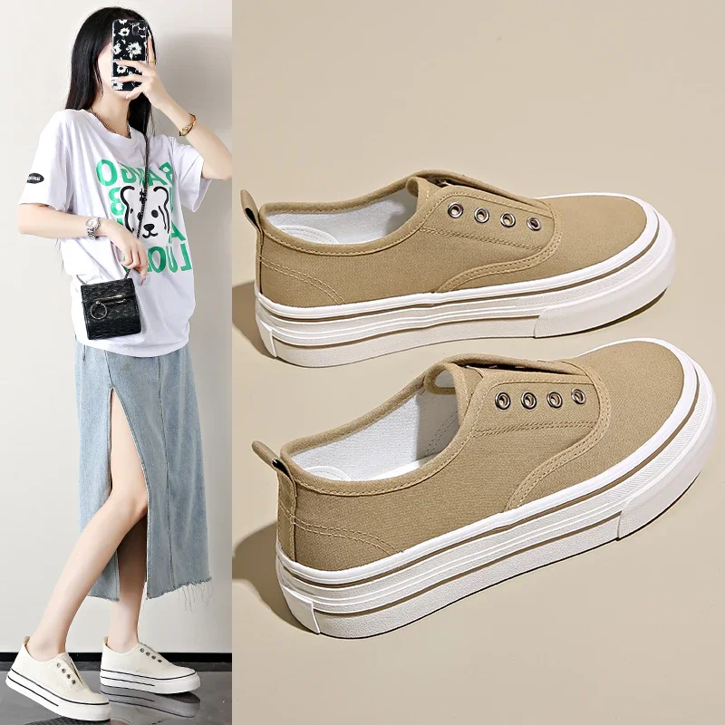Spring Thick Sole Women's Shoes Leisure Canvas Shoes Breathable Comfortable Sports Thick Sole Height Increasing Shoes
