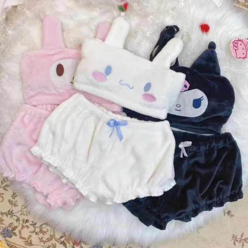 

New Sanrio Kuromi My Melody Cinnamoroll Sexy Pajamas Hot Girls Flannel Cartoon Fluffy Suspender Pajamas Shorts Set Girls Gift