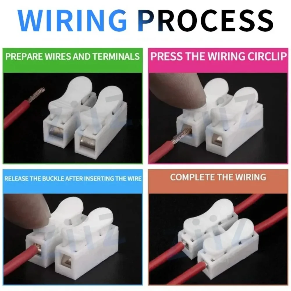 Description Picture 5 of item100-1000PCS/lot CH-2 Spring Wire Quick Connectors 220V Electrical Crimp Terminals Block Splice Cable Clamp Fit LED Strip Light