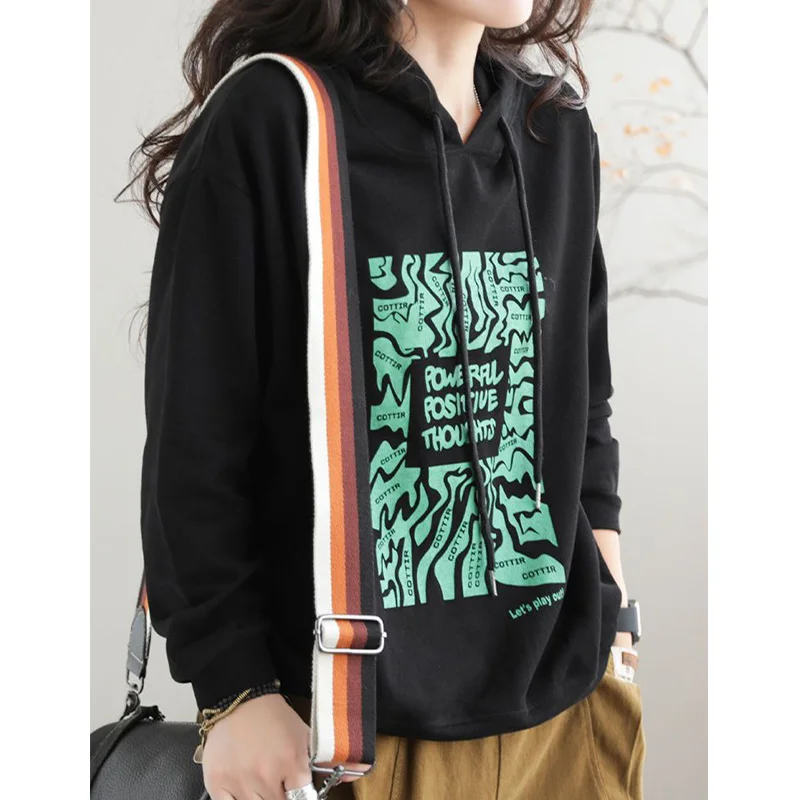 Autumn Winter Women Clothing Fashion Drawstring Loose Long Sleeve Sweatshirts Vintage Letter Printing Hoodies Plus Size T-Shirt