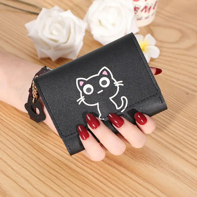 Women Wallet 1PC Cartoon Cat Print Women's Short Coin Wallet PU Three Fold Card Bag Portable Multi Card Slot Travel Wallet for Birthday Gifts