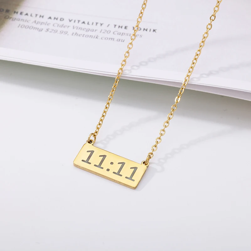 11:11 Rectangle Pendant Necklace for Women Stainless Steel Gold Color Necklaces Lucky Meaningful Angel Number Jewerly collares