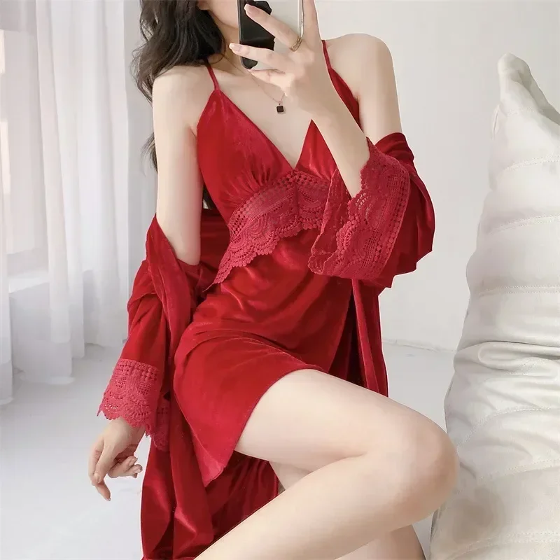 

Home Lace Gown Bathrobe 2PCS Loungewear Suit Winter Velvet Set Velour Sleepwear Sleep Women Nightgown Robe Autumn Dress