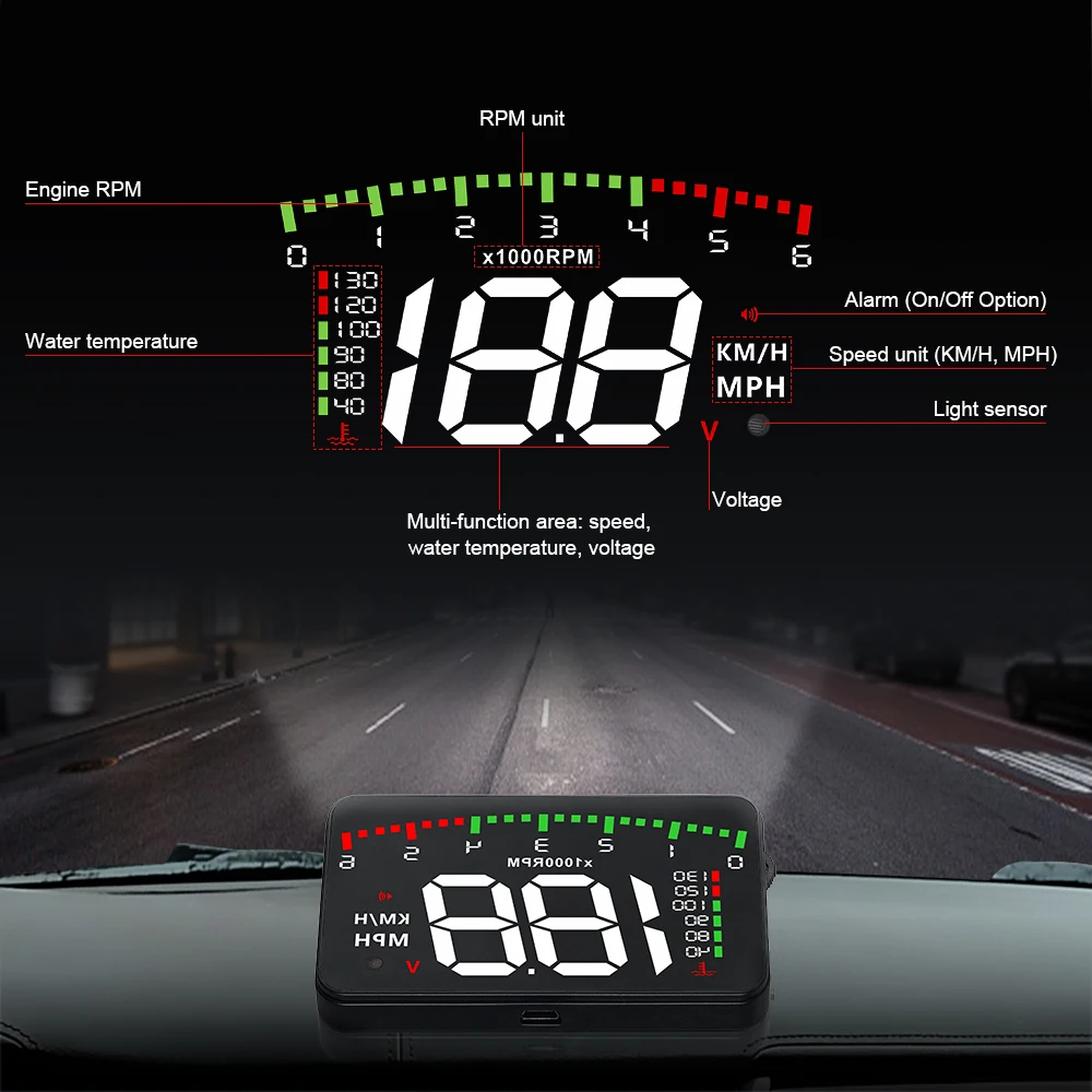 RYSJM 자동차 OBD2 헤드업 디스플레이 자동차 HUD 다기능 속도계 타코미터 전면 유리 프로젝터 과속 경고 알람 포함