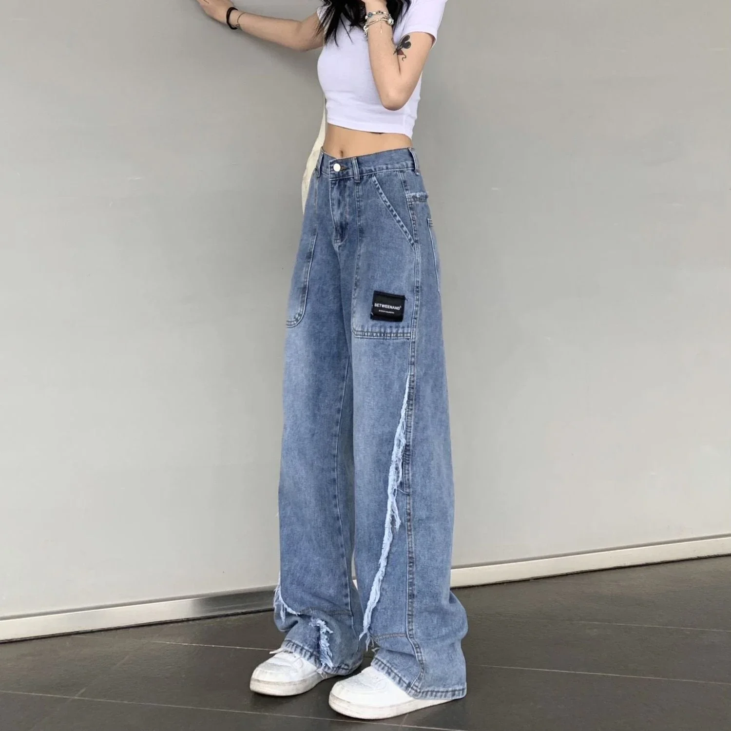 

Trousers High Waist Shot with Pockets Women's Jeans Straight Leg Pants for Woman Blue Basics A Fitted Pant Medium Loosefit Emo Z