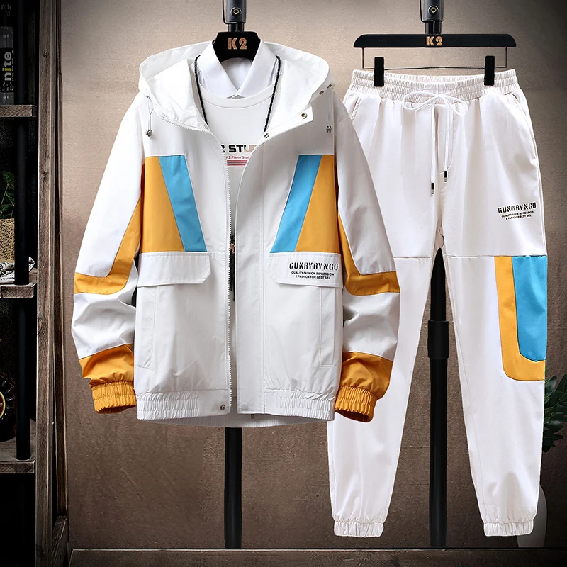 Fashion Spring Autumn Men&s Streetwear Tracksuit Two Piece Set Hip Hop Hooded Jackets And Pants Suits Man Slim Fit C
