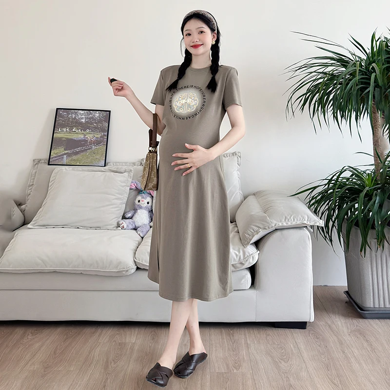 

Летнее платье с вышивкой для беременных женщин 2024 с коротким рукавом с Боковым Разрезом и круглым вырезом в китайском стиле платья-трапеции для беременных женщин Черный Хаки