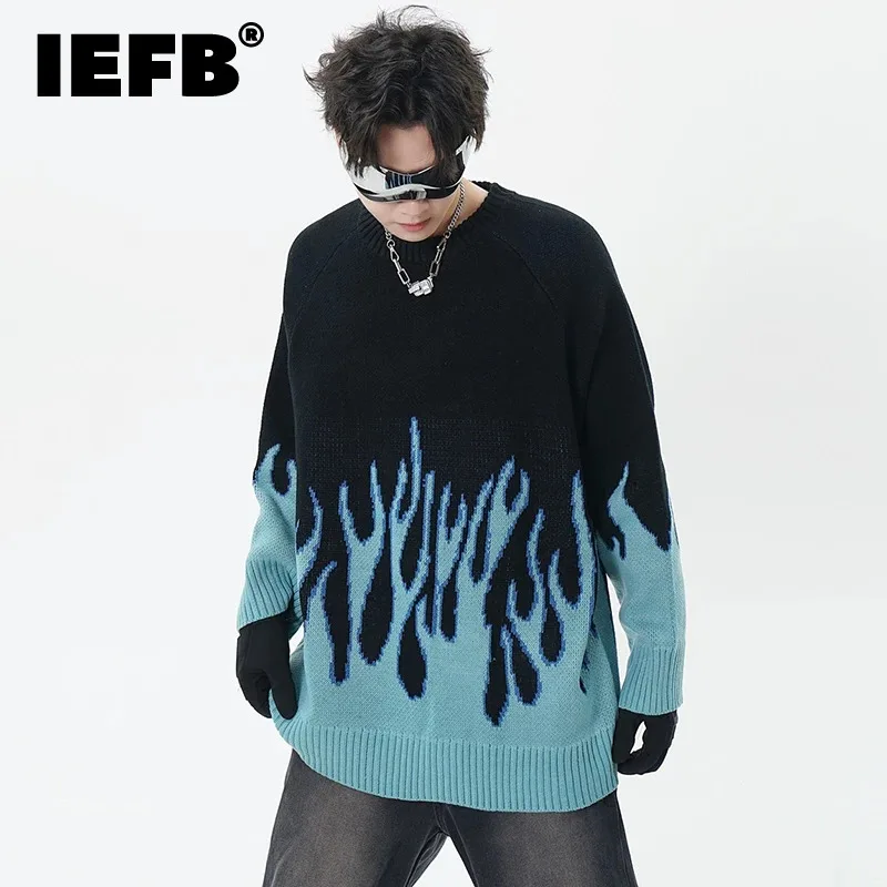 

IEFB Jacquard Round Collar Male Pullover Sweater Flame Design Contrast Color New Trendy Men's Knitting Pullovers Spring CPG0968