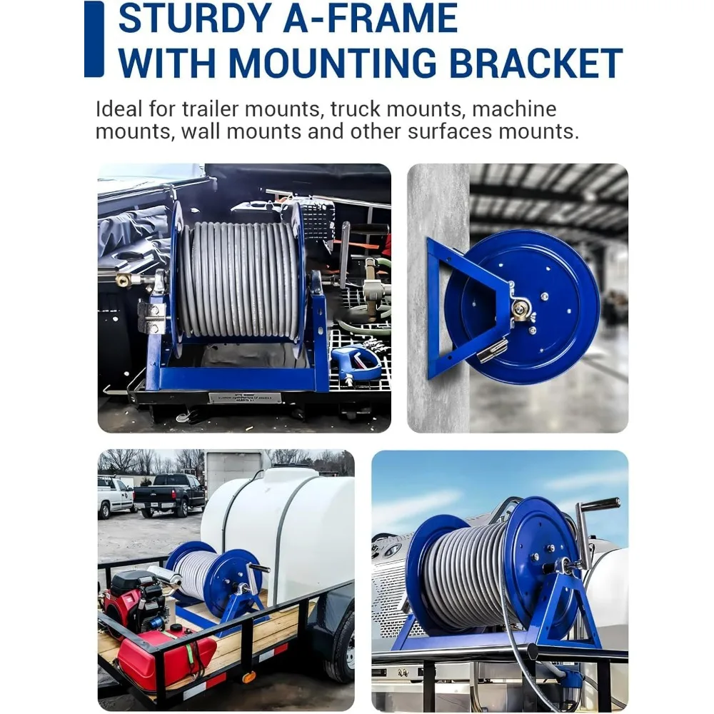 MekoH 3/8 Inch x 350 Feet Pressure Washer Hose Reel, 5000 PSI Hand Crank for 1/4 Inch x 455 Feet, Heavy Duty Steel Construction