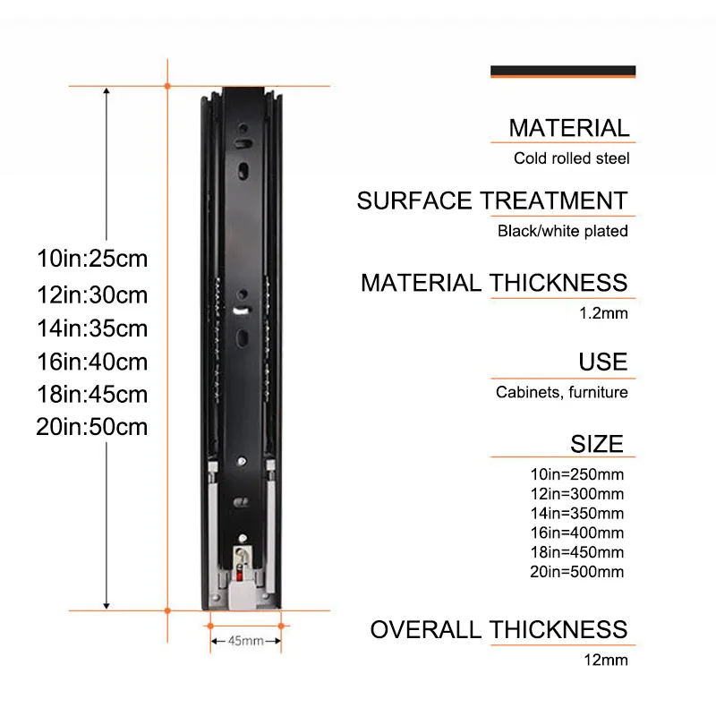 45mm Push-open Drawer Slides Mute Track Mute Rebound Three-Section Rail Hardware Accessories