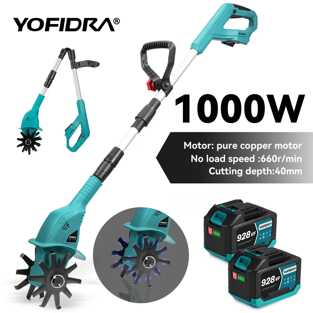 YOFIDRA Garden Tiller Rototiller Cultivator, Multipurpose Weeding Eater Trimmer Rotary Lawn Mower Tool For Makita 18V Battery Pin