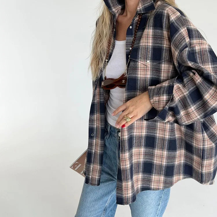 Lapel Autumn 2025 Shirts Outwear Fashion Ladies Contrast Long Sleeve Patchwork Elegant Women Coat Cardigan Female Shirts