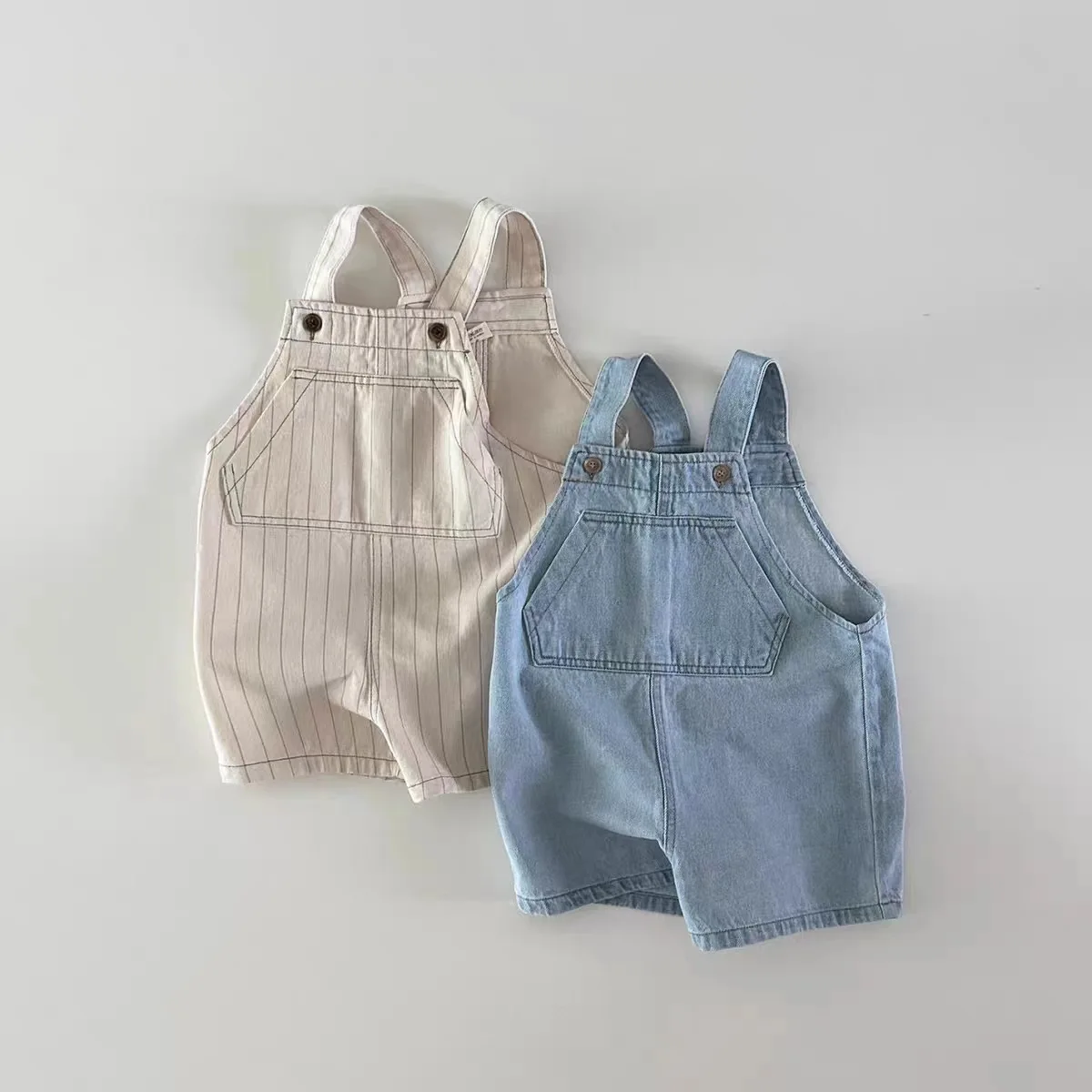 

2023 Summer Autumn Baby Denim Overalls Infant Boys Solid Pocket Suspenders Pant Girls Jumpsuit Kids Cotton Casual Striped Shorts