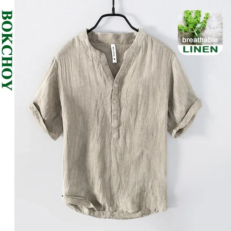 Summer New Vintage Pure Linen Short Sleeve T Shirt for Men