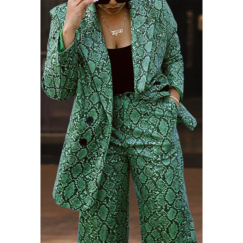 Plus Size Formal Pant Set Green Print Lapel Blazer Suit Two Piece Pant Set