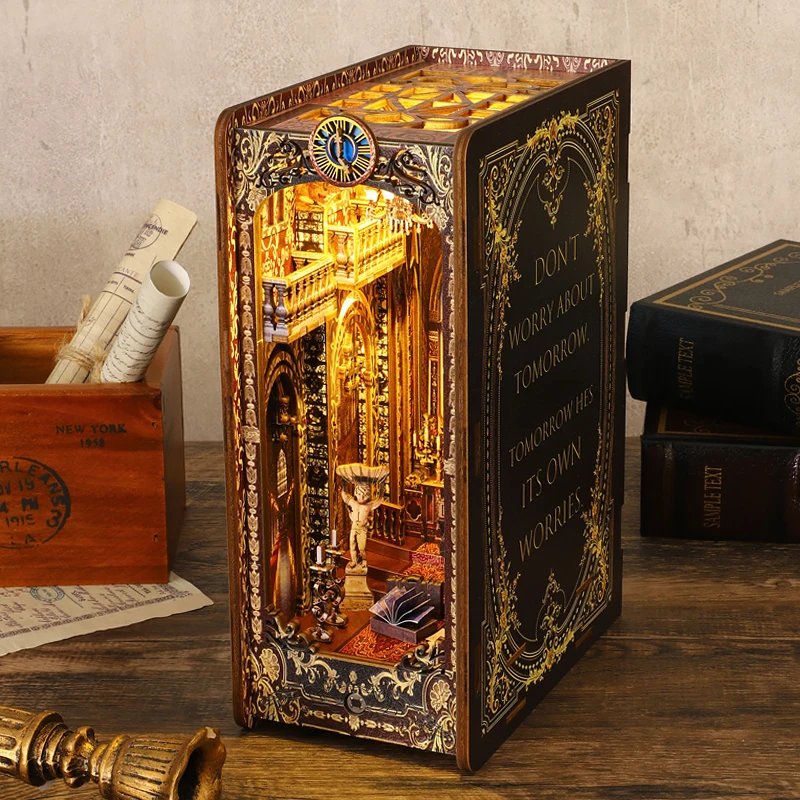Wooden Miniature Dollhouse Bookshelf Room 3D Puzzle Set - Creative Bookend Toys