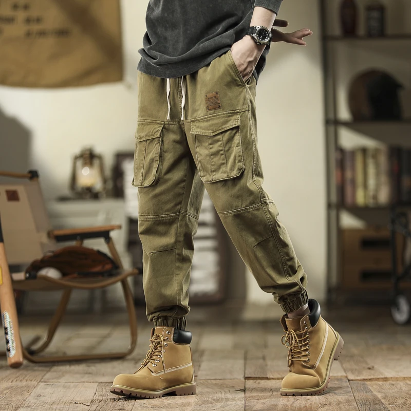Loose Fit Men\'s Cargo Pants with Multiple Pockets, Autumn Tapered Jogger Trousers in Military Green