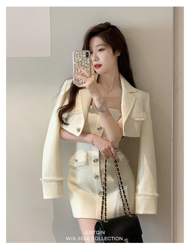 Elegant Autumn New Tweed Two-piece Set Women Long Sleeve Short Jacket Strapless Bodycon Mini Dress Korean Fashion Luxury Outfits