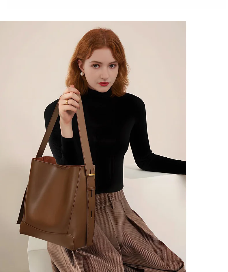 Versatile Commuter Bag, Fashionable Tote Bag, One Shoulder Crossbody Bag, Genuine Leather Women's Premium Bag, Large Capacity One Shoulder Bucket Bag_voghion.com