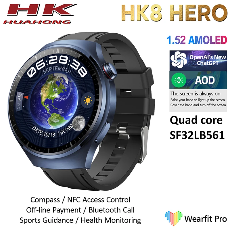 ChatGPT AMOLED HK8 히어로 스마트 워치 남녀공용, 나침반 NFC 다이얼 블루투스 통화 재생, 음악 심박수 AOD AI 음성 스마트워치