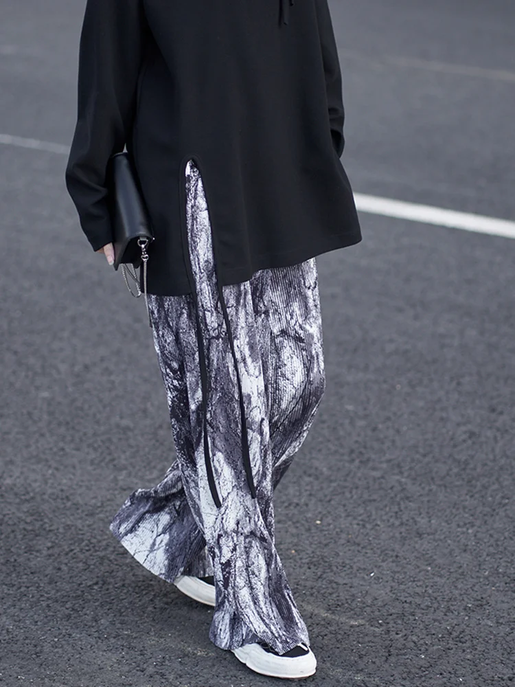 

Брюки женские плиссированные длинные широкие с высокой эластичной талией и черным принтом, на весну-осень, M182, 2022