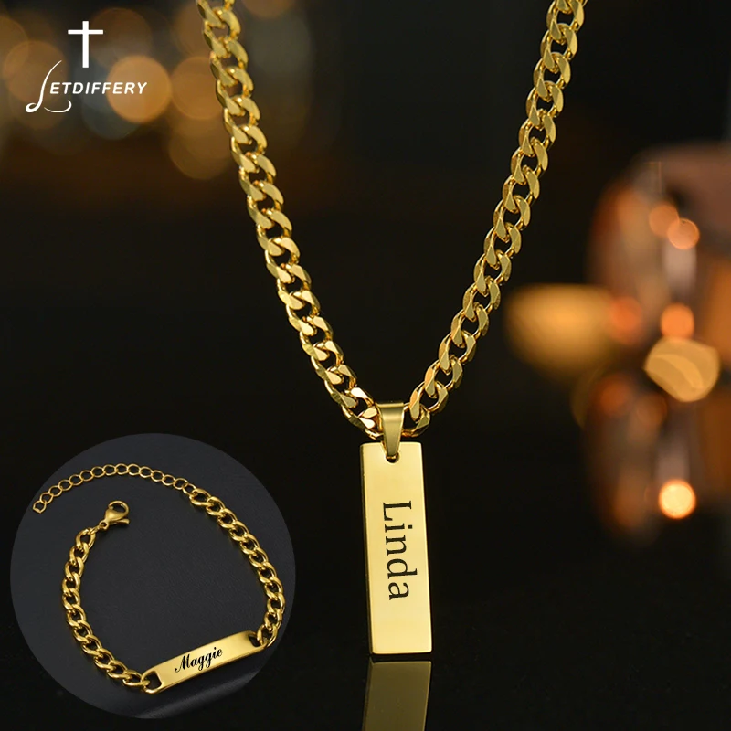Letdiffery Personalized Engrave Name Square Pendant Necklace Bracelet