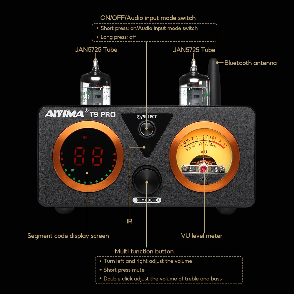 Dac AIYIMA T9PRO Amplificateur à Tube Sous Vide JAN5725 TPA3250 100Wx2 Bluetooth 5.1 AptX HD – Meilleur DAC Audio