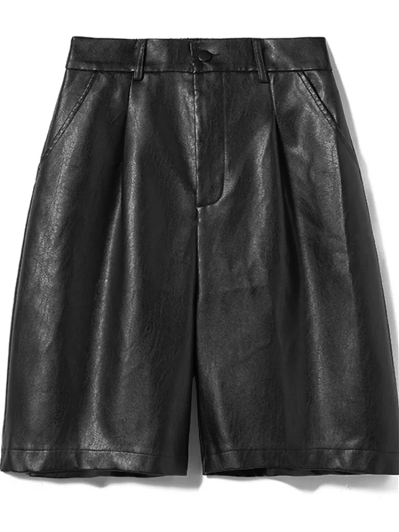 Autumn Winter Green Faux PU Leather Women's Shorts High Waist Wide Leg Pants Vintage Trousers Female Pocket 2022 New